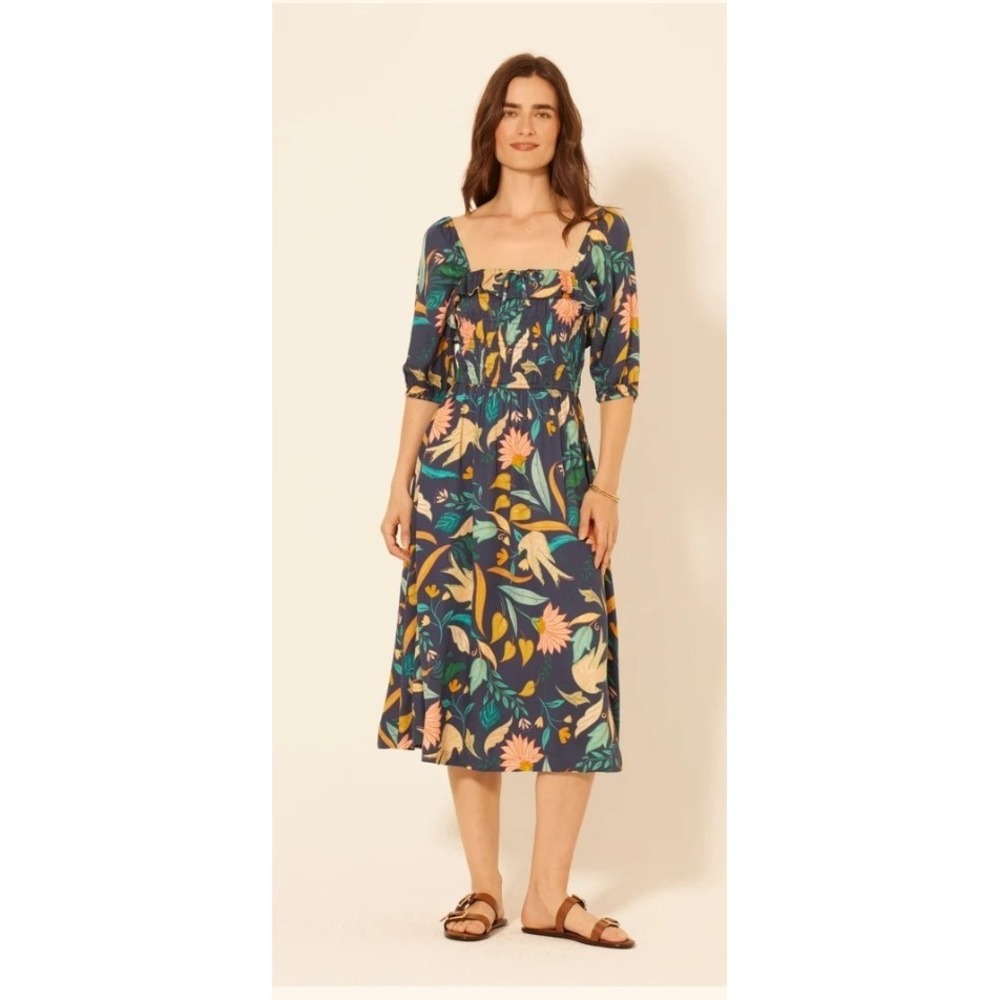 Bila 77 Floral Smocked Midi Dress Navy Blue Tropical Puff Sleeve XS NEW